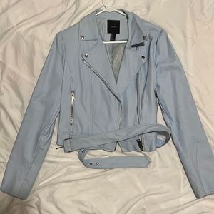 Blue faux leather motorcycle jacket